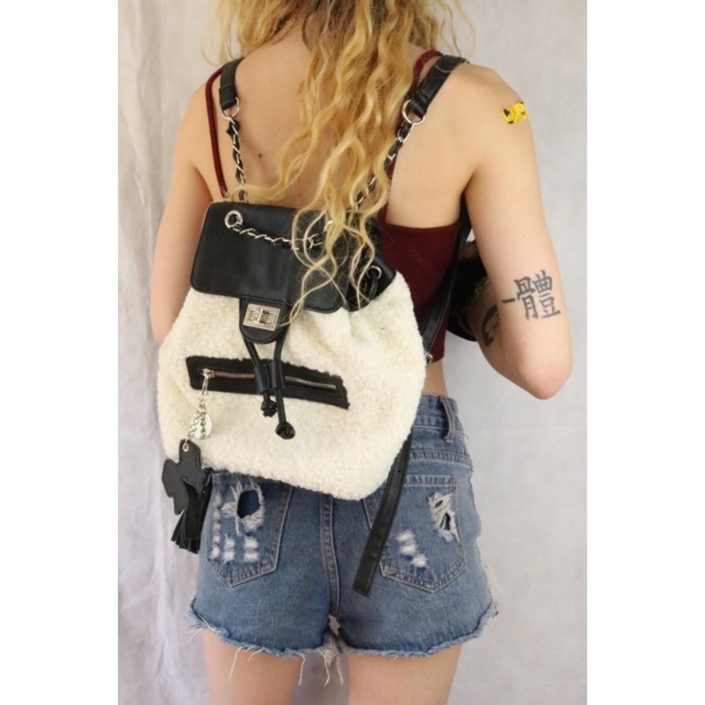 NWT White Faux Fur Black Leather Mini Backpack !